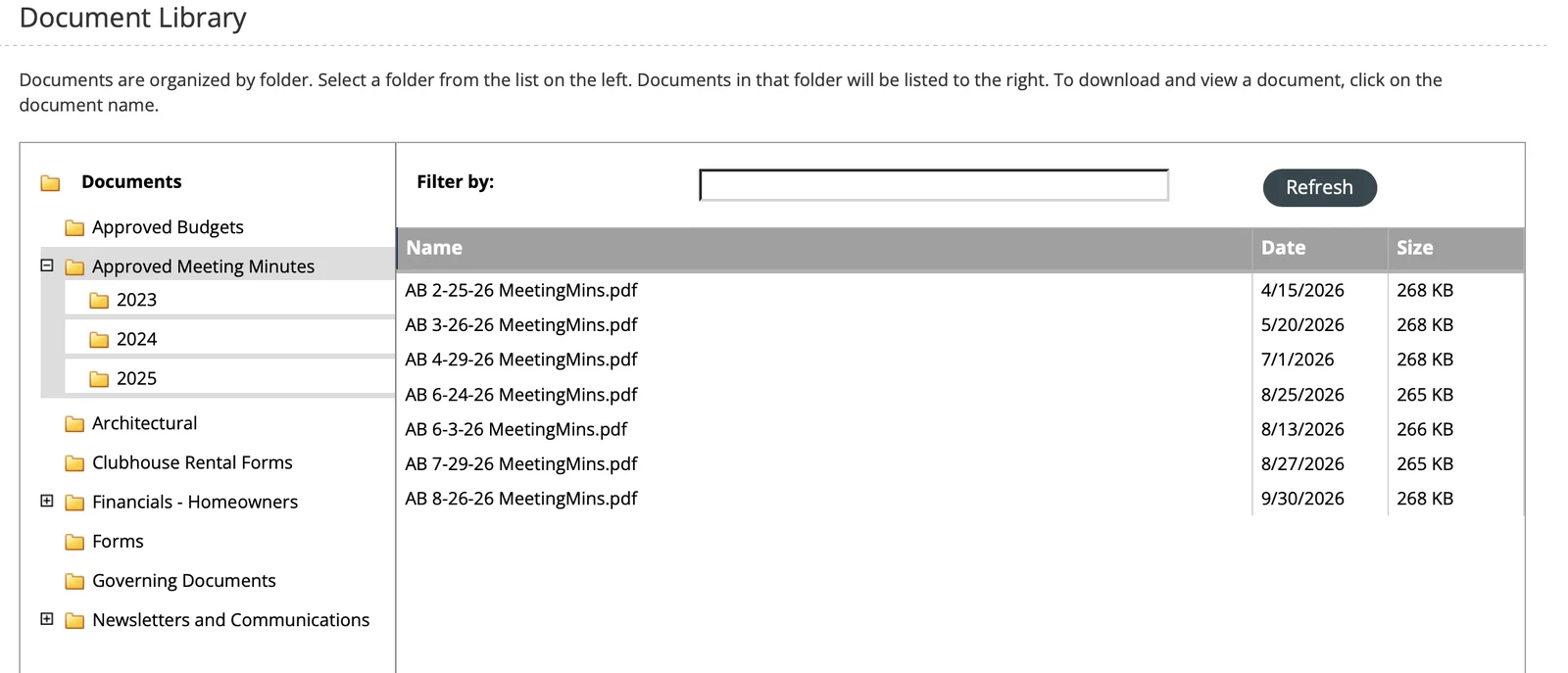 Integrity Community Management document library showing approved HOA meeting minutes
