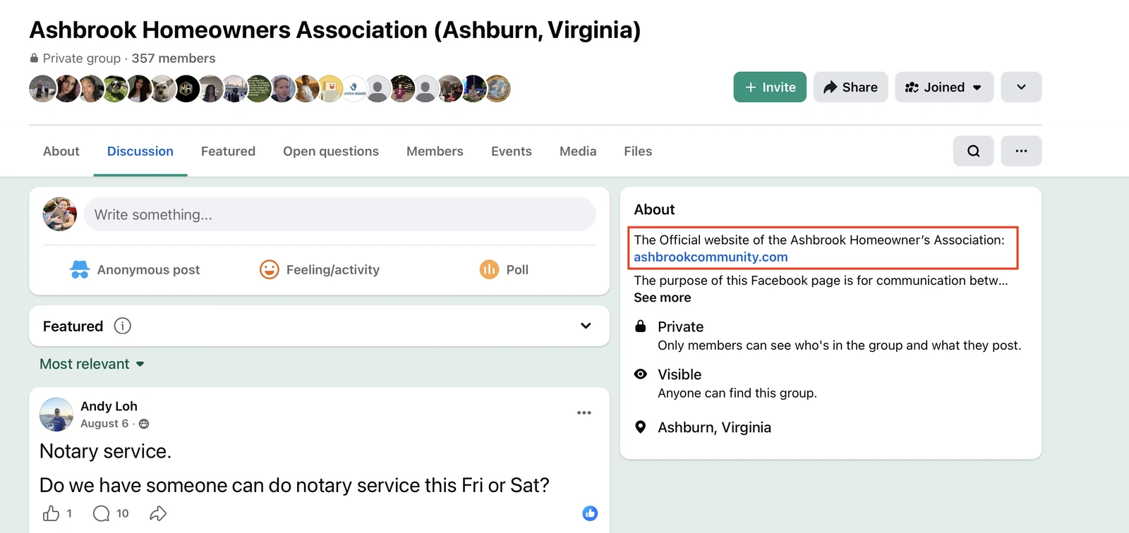 Ashbrook Facebook group listing AshbrookCommunity.com as the official HOA website